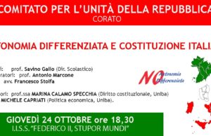 “Autonomia differenziata e Costituzione Italiana”, il terzo incontro del Comitato per l’unità della Repubblica – Corato